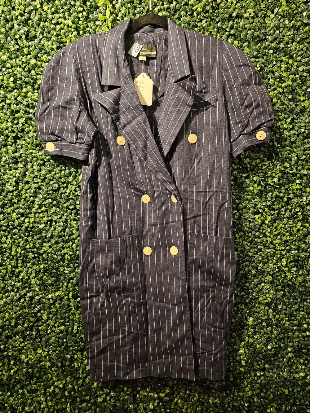 Vintage 80s Cynthia Howe Pinstripe Double-Breasted Short Sleeve Dress in Navy